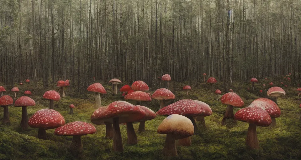 Image similar to A tribal village in a forest of giant mushrooms, by Alyssa Monks