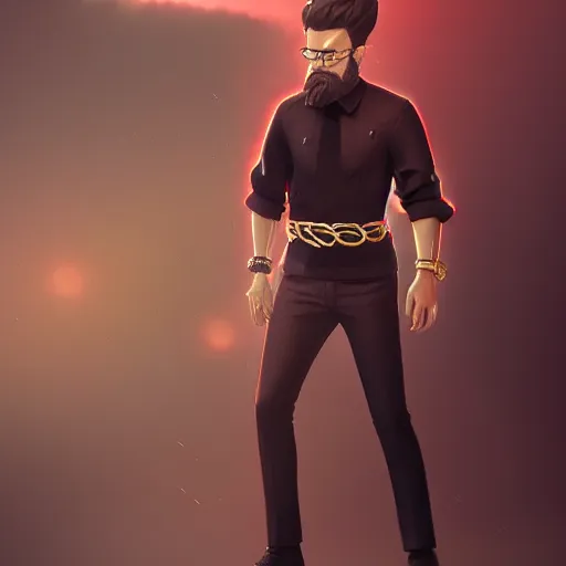 Image similar to a highly detailed full-length man with dark brown short hair, a dark beard, in black and red clothes, with a gold chain and a gold belt, artstation, DeviantArt, professional, octane render