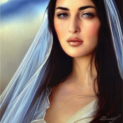 Image similar to Beautiful face Portrait of young arab Monica Bellucci, blue eyes with transparent contact lenses, long wavy black hair, white veil, closeup, focus face, colored, middle eastern, dramatic lighting, intricate, wild, highly detailed, digital painting, artstation, concept art, smooth, sharp focus, illustration, art by artgerm and greg rutkowski and alphonse mucha, footage from space camera