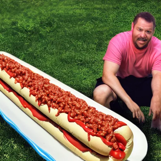 Prompt: man eating a ten foot long hotdog