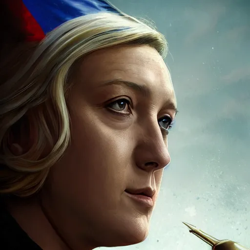 Image similar to Portrait of Marine le Pen , french revolution, heroic, french flag background, amazing splashscreen artwork, splash art, head slightly tilted, natural light, elegant, intricate, fantasy, atmospheric lighting, cinematic, matte painting, detailed face, by Greg rutkowski