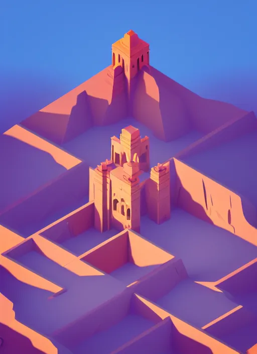 Prompt: a low poly isometric render of agra in the style of monument valley, intricate, elegant, smooth shading, soft lighting, illustration, simple, solid shapes, by magali villeneuve, jeremy lipkin and michael garmash, rob rey and kentaro miura style, octane render