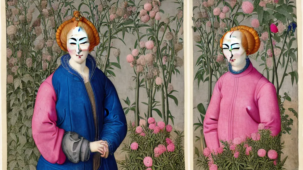 Image similar to portrait of a woman with pink hair, wearing a blue puffer jacket and baggy jeans, standing in a room full of plants and flowers, white background, intricate details, high detail, in the style of rogier van der weyden and jacopo da pontormo, punk, asian art,