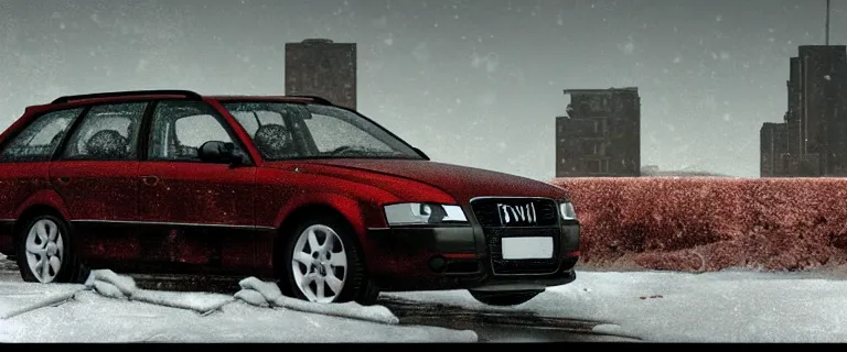 Image similar to Audi A4 B6 Avant (2002), a gritty neo-noir, dramatic lighting, cinematic, eerie person, death, homicide, homicide in the snow, viscera splattered, gunshots, establishing shot, extremely high detail, photorealistic, cinematic lighting, artstation, by simon stalenhag, Max Payne (PC) (2001) winter New York at night, In the style of Max Payne 1 graphic novel, flashing lights, Poets of the Fall - Late Goodbye