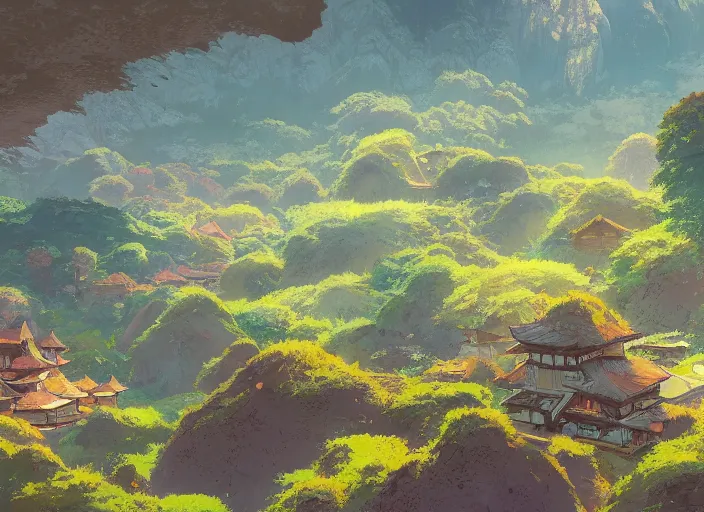 Image similar to concept art painting of a distant small woodland village by a river in a mountain valley seen from above, early morning, european japanese buildings, cel shaded, realistic, by makoto shinkai and moebius and anton fadeev and greg rutkowski and james gurney