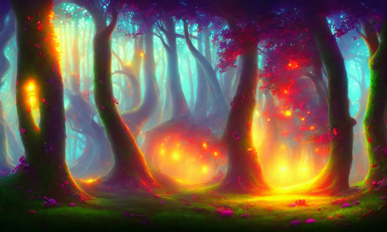 Image similar to enchanted magical forest on magical colorful fire , digital painting , digital art , artstation , devian art , 4k , HD