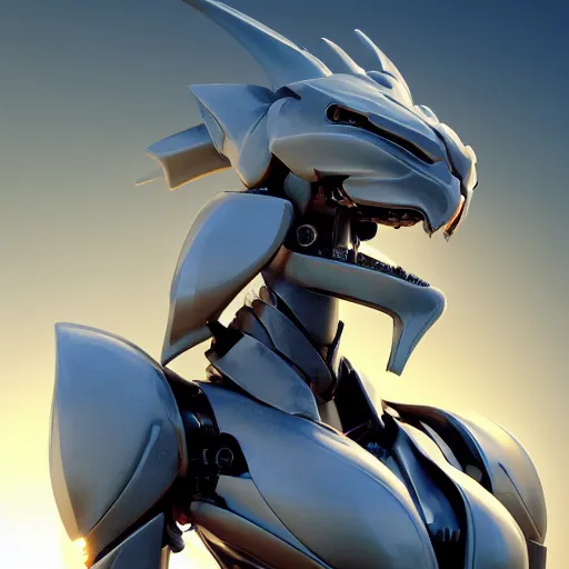 Image similar to bust of a beautiful anthropomorphic robotic mecha female dragon, with smooth and streamlined armor, standing and posing elegantly, well detailed dragon head with LED eyes and a maw, sharp and dangerous sleek design, two arms, two legs, long tail, beautiful digital art, artstation, DeviantArt, FurAffinity, professional, octane render, sunset lighting