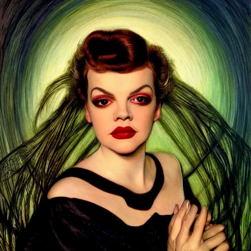 Image similar to portrait of a hybrid of judy garland and lady gaga, brown fringe, large full hollywood lips, large downslanted eyes, holman hunt, john william waterhouse, kilian eng, rosetti, john everett millais, william holman hunt, 4 k