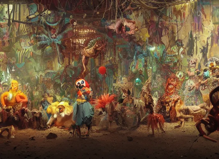 Image similar to wild underground carnival scene from a 7 0's movie by chris cunningham, kenneth anger and alejandro jodorowsky : : clowns, courtesans, animals : : ultra realistic, concept art, highly detailed by greg rutkowski, craig mullins, simon bisley 4 k