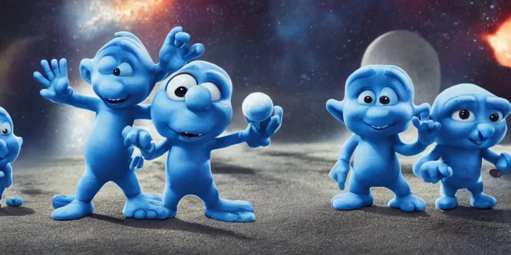 Prompt: a 3 d rendered movie still, a smurf descendant 1 million into the future. the smurf is sentient, wears a spacesuit, and explores cosmos in a super awesome space ship. science fiction blockbuster movie smurfs rule the world or my stepmom is a smurf from the future, imax 7 0 mm. the mandalorian ( american space western )