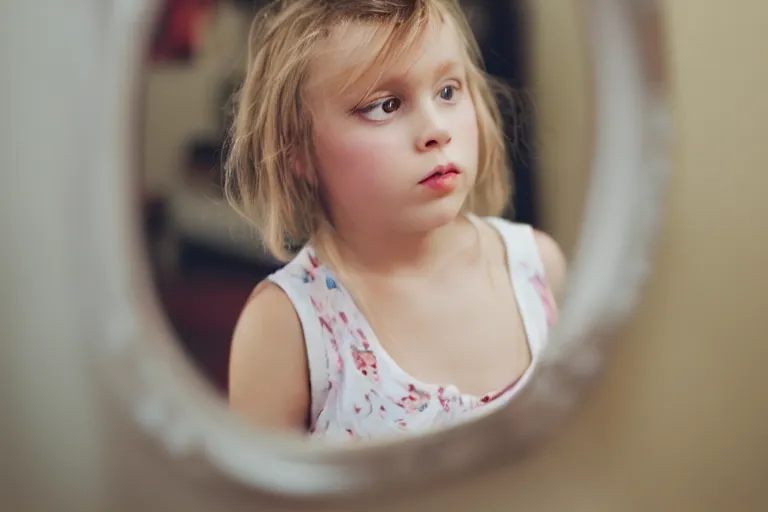 Prompt: reflection in a mirror, little girl, bokeh, 3 5 mm, beautiful
