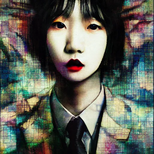 Image similar to yoshitaka amano blurred and dreamy realistic three quarter angle portrait of a k - pop idol with black lipstick and black eyes wearing dress suit with tie, junji ito abstract patterns in the background, satoshi kon anime, noisy film grain effect, highly detailed, renaissance oil painting, weird portrait angle, blurred lost edges