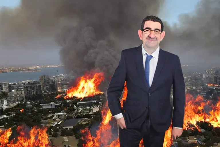 Image similar to a photo of Dan Andrews standing in front of Melbourne as it burns to the ground