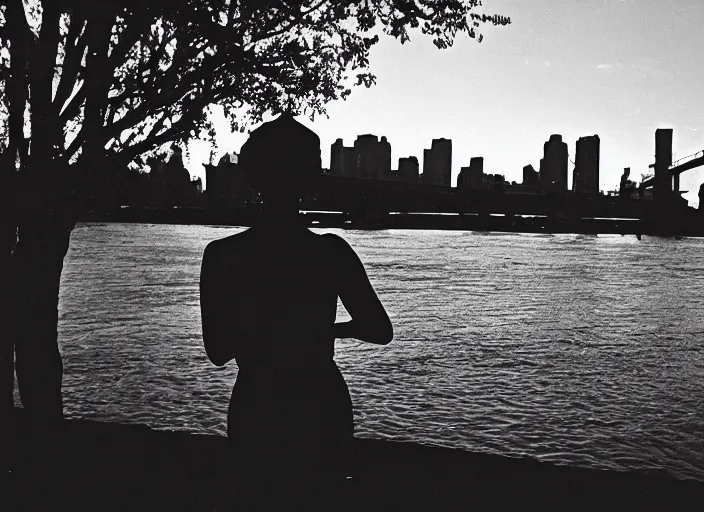 Prompt: a 35mm photograph from the back of a woman standing at the edge of a river in Harlem, New York City in the 1960's at sunset, bokeh, Canon 50mm, cinematic lighting, photography, retro, film, Kodachrome, award-winning, rule of thirds, golden hour