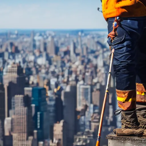 Image similar to closeup portrait of a construction worker with a fishing rod sitting on a metal beam high over new york city, photography