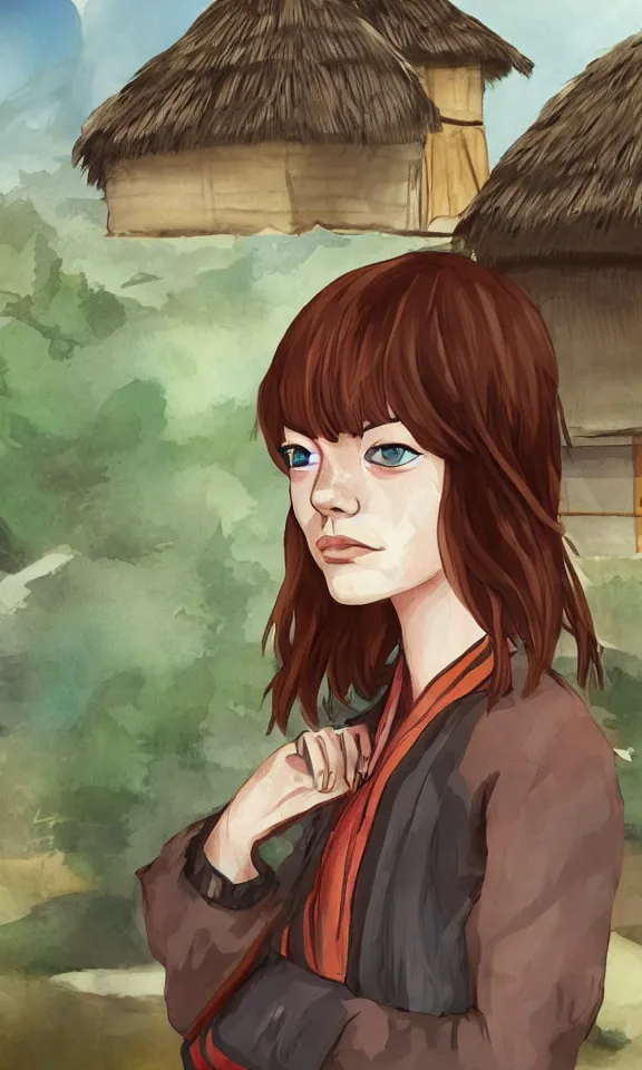 Prompt: Emma Stone in konoha village. In the art style of alexandre chaudret