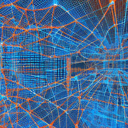 Prompt: an electron microscope image of a sprawling mega city, bokeh, 3D render, magnified, orange and blue wireframe render, 4k HD