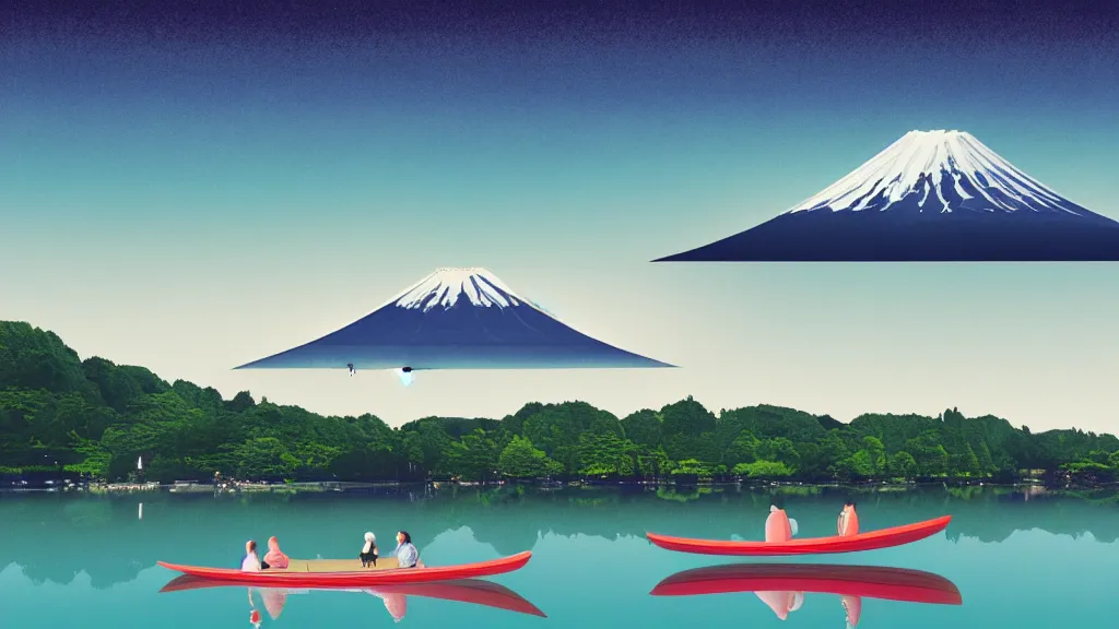 Image similar to a scene of two travellers and their campter touring at yamanaka lake, reflecting mount fuji, japan, a collage painting, in the style of wes anderson, lola dupre, david hockney, isolated on negative white space background dark monochrome neon spraypaint accents volumetric octane render