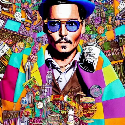 Image similar to Johnny Depp is covered in a blanket and drinking tea in Willy Wonka's Chocolate Factory, Illustration, Colorful, insanely detailed and intricate, super detailed, by Alexis Franklin