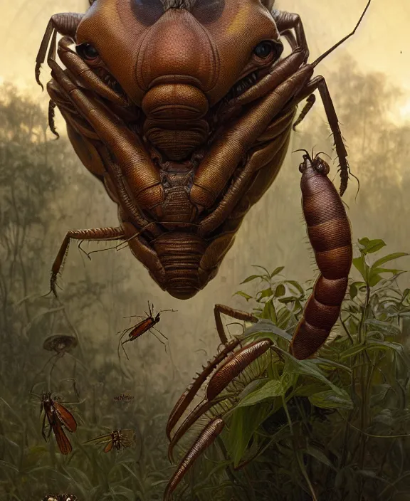 Image similar to intricate earth - toned portrait of a scary alien insect creature, mottling coloring, adorable, childlike, overgrown environment, ultra realistic, concept art, maximalist, photorealistic, octane render, 8 k, unreal engine. art by christopher marley and artgerm and greg rutkowski and alphonse mucha