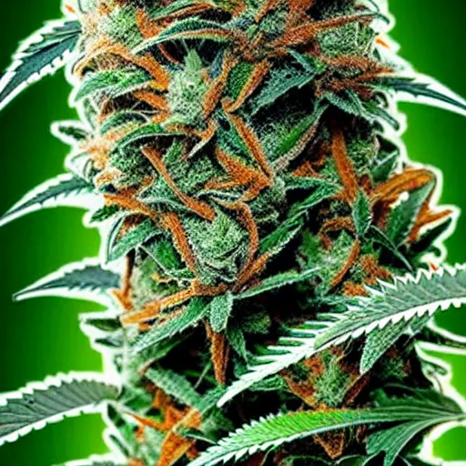 Prompt: beautiful giant marijuana bud covered in stunning large moist trichomes trichomes trichomes as a silo in a field