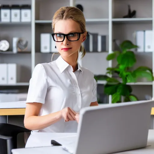 Prompt: a woman in a white short sleeved blouse working with a laptop inside a office, tied blonde hair, glasses, highly detailed, realistic,