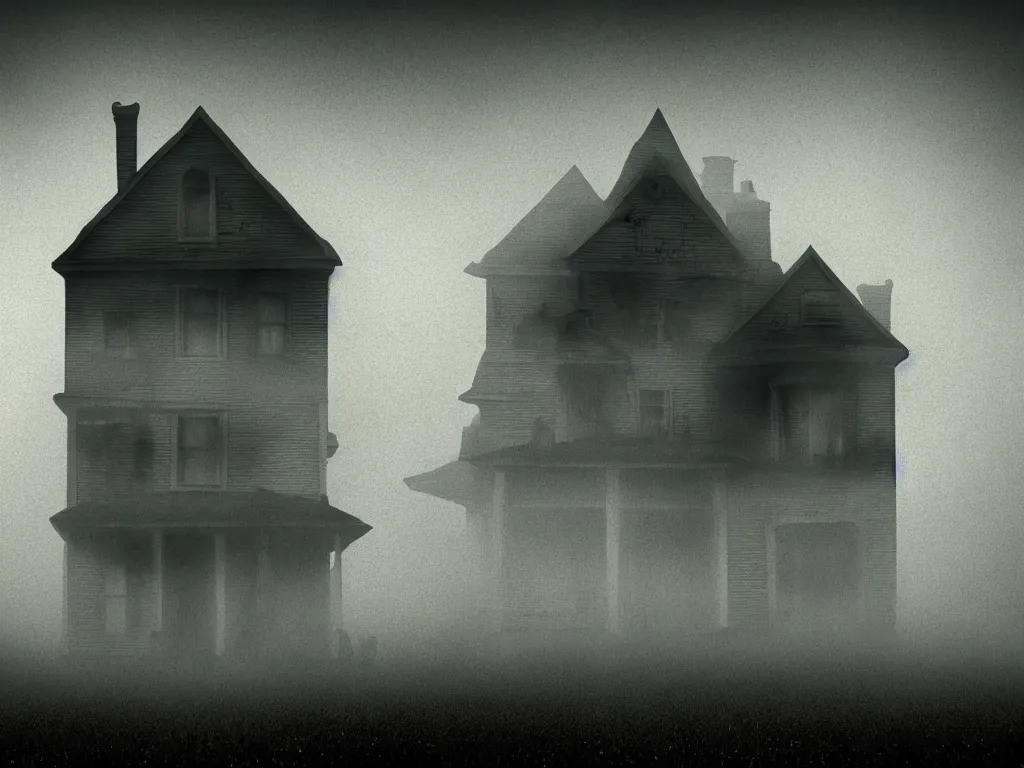 Image similar to a creepy house in the middle of a foggy night, poster art by john carpenter, shutterstock contest winner, gothic art, movie poster, horror film, gothic