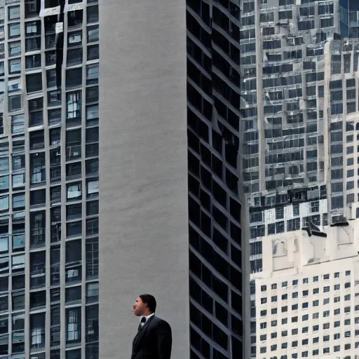 Image similar to Clean-shaven Jon Favreau wearing a black suit and black necktie and black dress shoes is climbing up a tall building in an urban city. The sky is filled with dark clouds and the mood is ominous.