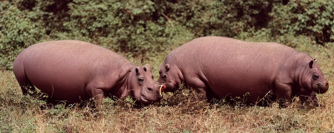 Prompt: a single hippo eating spaghetti off a bush, in the style of national geographic, canon 5 0 mm, film, kodachrome, retro, muted