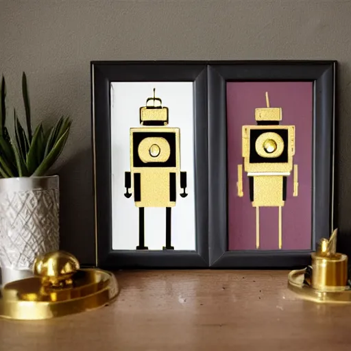 Prompt: retro gold robotic couple on a 8 0 s home decor, vintage photograph