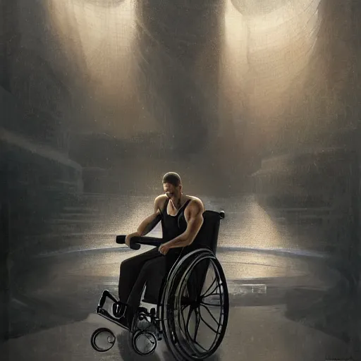 Prompt: handsome portrait of a wheelchair guy fitness posing, radiant light, caustics, war hero, smooth, one legged amputee, reflective water koi pond, ghost in the shell, metal gear solid, disabled, lush garden surroundings, by gaston bussiere, bayard wu, greg rutkowski, giger, maxim verehin