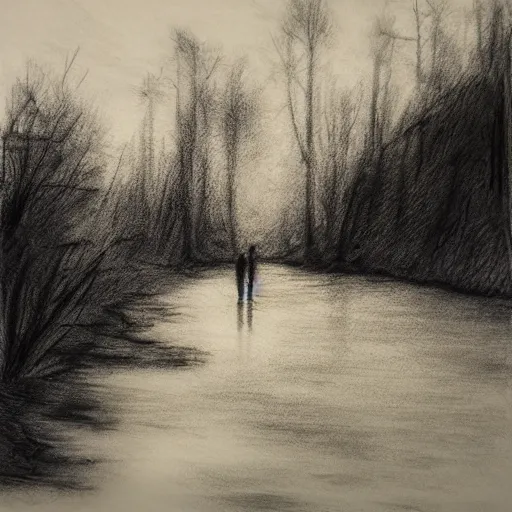 Prompt: A walk along the lake, that was the last time I saw them, charcoal styled art, depressing, sorrow, sadness, turmoil