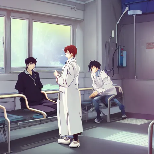 Prompt: a cute and beautiful young lady wearing white coat are talking with a handsome young man wearing white coat in a hospital ward, highly detailed, slice of life anime, illustration, anime scenery by Makoto shinkai