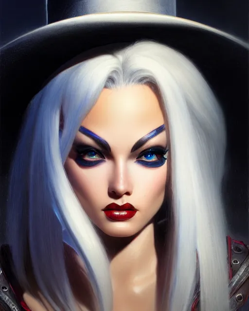 Image similar to ashe from overwatch, white hair, black cowboy hat, character portrait, portrait, close up, highly detailed, intricate detail, amazing detail, sharp focus, vintage fantasy art, vintage sci - fi art, radiant light, caustics, by boris vallejo