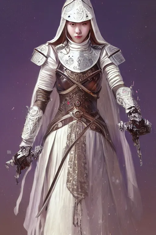 Image similar to beautiful and victorian and holy and divine and elite young medieval female white armor knight portrait like twice tzuyu+shinny eyes+front face with light flowing hair, ultradetail face, art and illustration by tian zi and craig mullins and WLOP and alphonse mucha, fantasy, intricate complexity, human structure, human anatomy, fantasy character concept, watermark, blurry, hyperrealism 8k