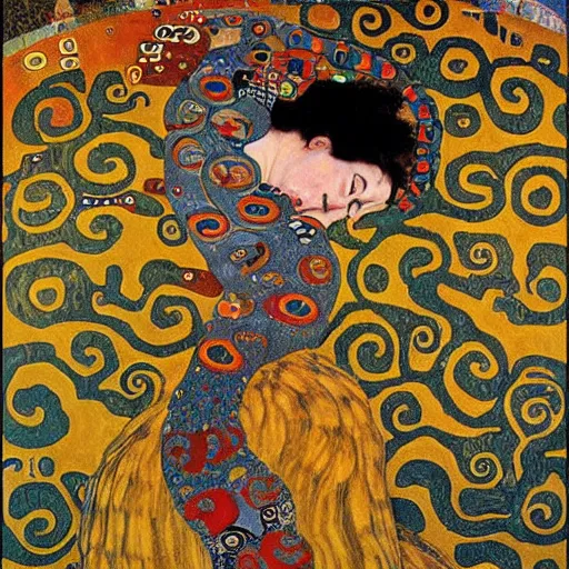 Image similar to complex ouroboros feathered serpent biting its tail large painting by gustav klimt