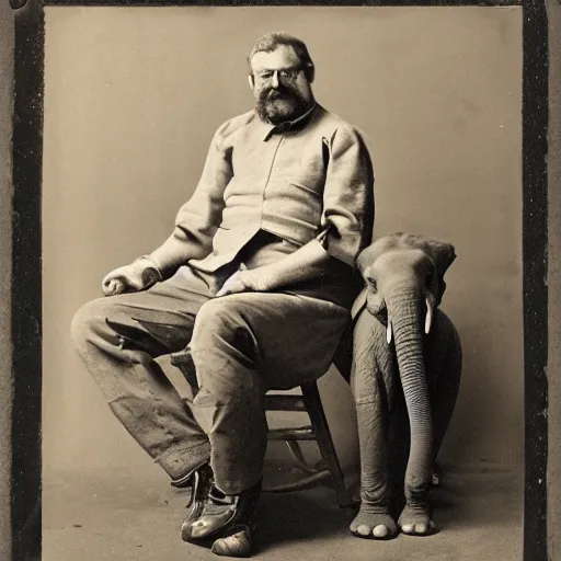 Image similar to a man on a chair with his pet elephant on his lap