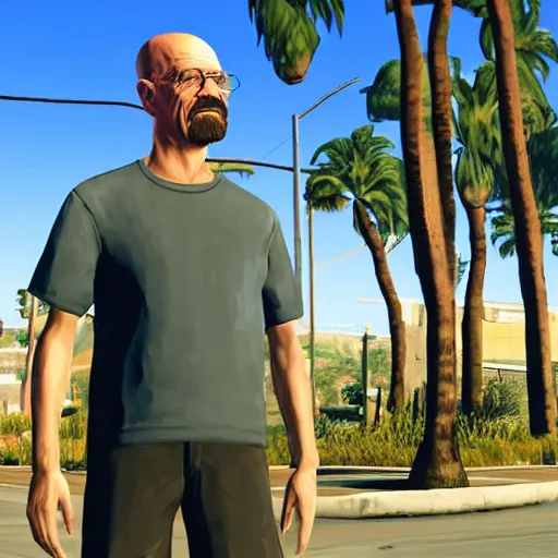 Image similar to Walter White in GTA V. Los Santos in the background, palm trees. In the art style of Stephen Bliss