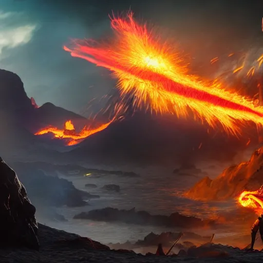 Image similar to epic battle between two wizards, lava in the background, cinematic, establishing shot