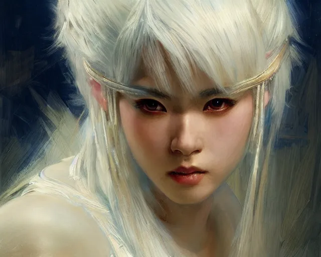 Image similar to a young japanese princess warrior lady with white hair and bangs!!!!, posing, white hair highly detailed painting by gaston bussiere, craig mullins, j. c. leyendecker 8 k