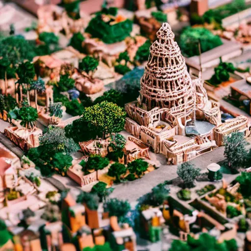 Image similar to macro photo of a miniature secret hidden world with tiny buildings and people inside of a croquembouche