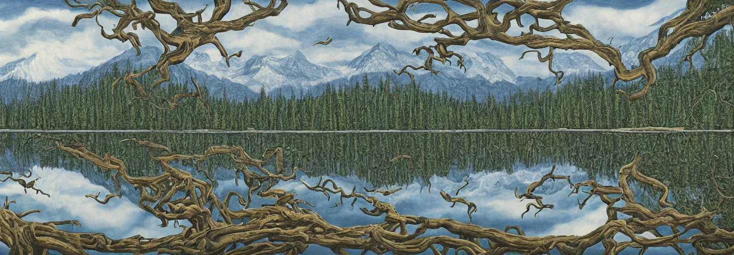 Image similar to escher painting of a lake, big trees reflecting on lake surface, mountains at background, snowy, ultra sharp, ultra detailed, horror emotion, colorized by salvador