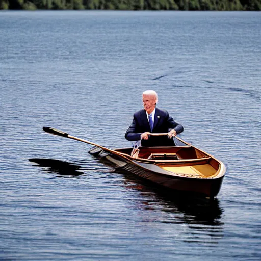 Image similar to 8k Photograph of Joe Biden in a rowboat on a lake. Dramatic. National Geographic.