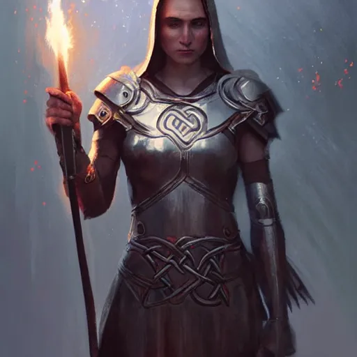 Image similar to A celtic-looking valkyrie nun wearing lightweight armor and wielding a splinter sword, at night, with a flame arrow rain on the background, award-winning digital art, Greg rutkowski, Trending artstation