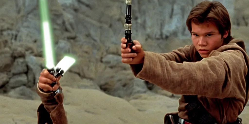 Image similar to A full color still from a film of a teenage Han Solo as a Jedi padawan holding a lightsaber hilt, from The Phantom Menace, directed by Steven Spielberg, 35mm 1990