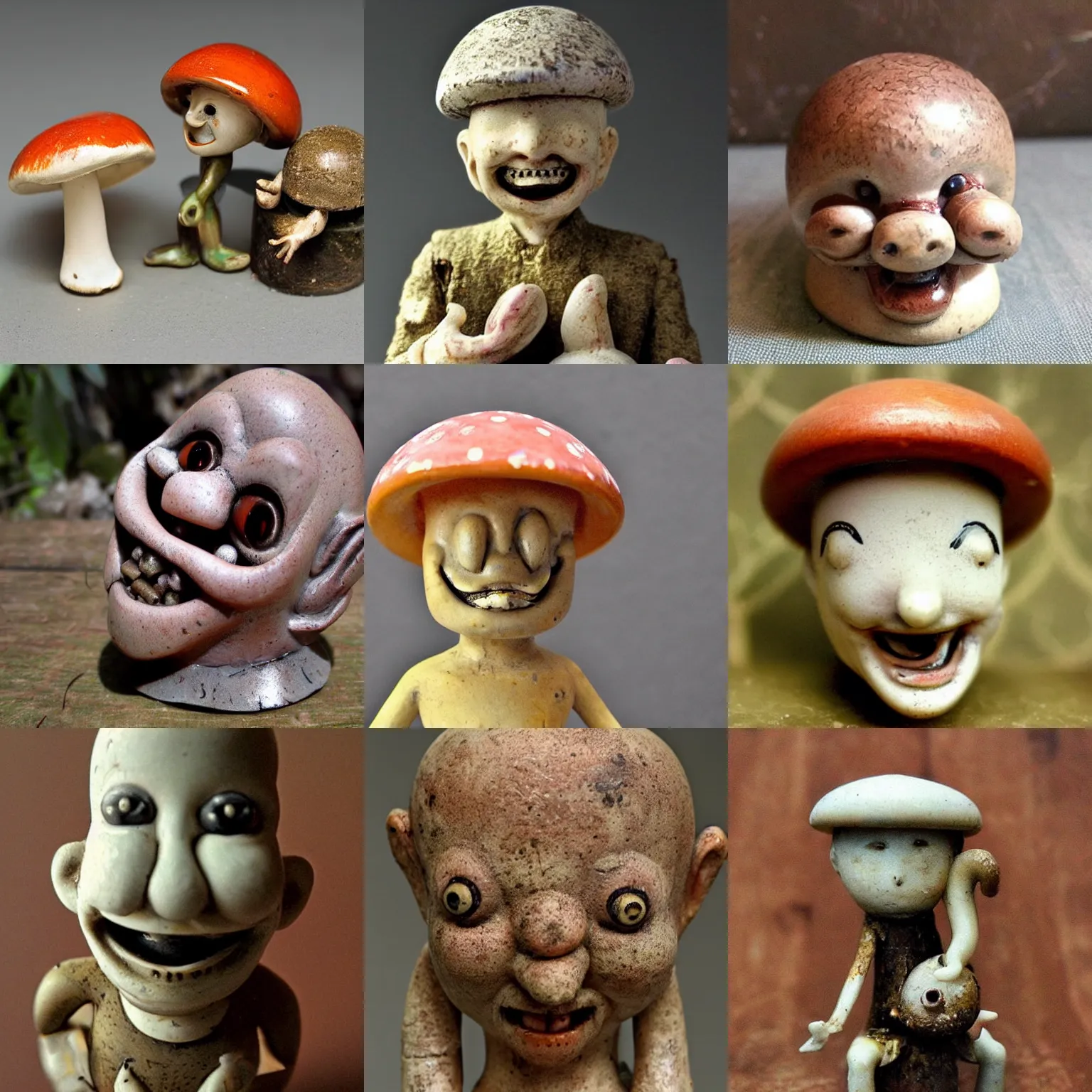 Prompt: anthropomorphic smiling! antique! mushroom!!! figurine, cursed disturbing creepy macro photo