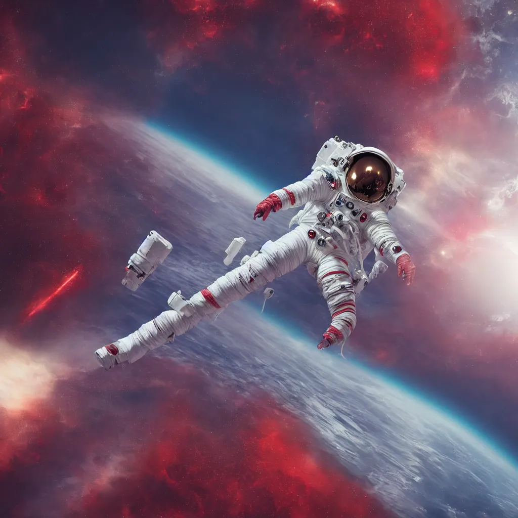 Image similar to an astronaut in blood ocean in space, 8k, hyper realistic, Octane Render