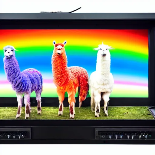 Prompt: 3 rainbow llamas standing around a crt monitor, 8 k