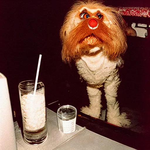 Image similar to disposable camera flash photo of elmo sniffing powdered sugar through a straw in a dark night club bathroom