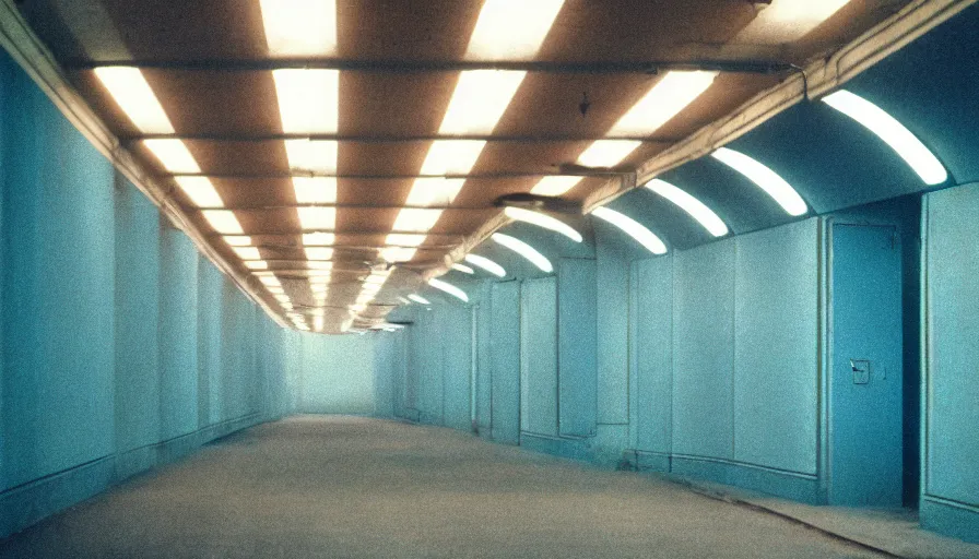 Image similar to 60s movie still of a sovietic stalinist style empty light blue tunnel, cinestill 800t 50mm eastmancolor, liminal Space style, heavy grain-s 150